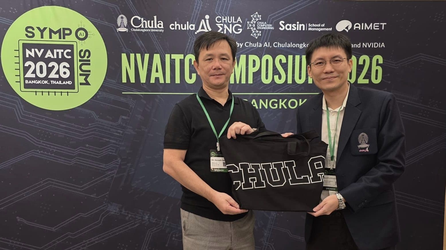 NVAITC Symposium 2026 Bangkok — speakers with Chula tote bag