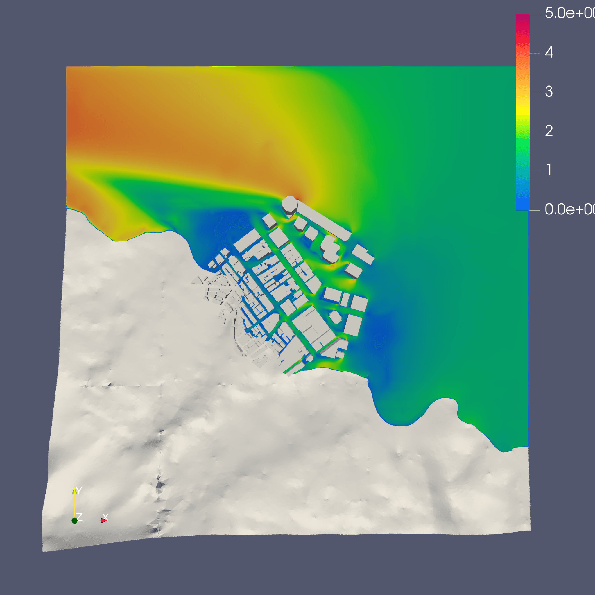 CFD plan view with wind intensity heat map